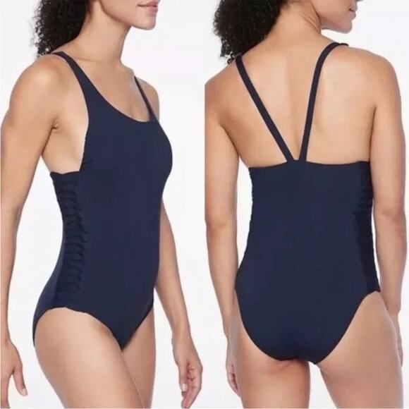 NWT $108 Athleta Swimsuit XL Adriata One Piece UPF Navy Blue Slimming Fit NEW - Picture 2 of 10